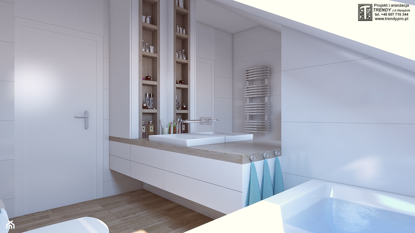 łazienka biała - Średnia na poddaszu łazienka z oknem, styl nowoczesny - zdjęcie od APP TRENDY Autorska Pracownia Projektowa - Homebook