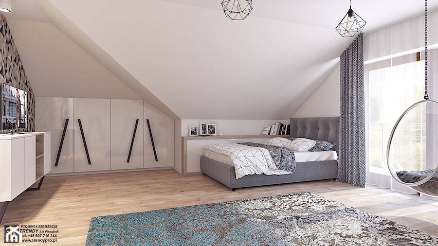 Pokój dla nastolatki - Duża biała szara sypialnia na poddaszu, styl skandynawski - zdjęcie od APP TRENDY Autorska Pracownia Projektowa