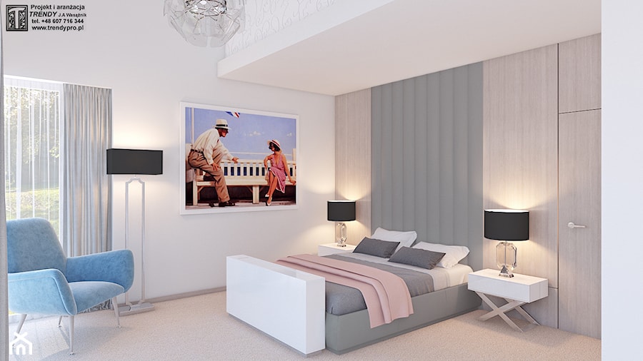 Spokojna sypialnia - Duża biała sypialnia z balkonem / tarasem, styl glamour - zdjęcie od APP TRENDY Autorska Pracownia Projektowa