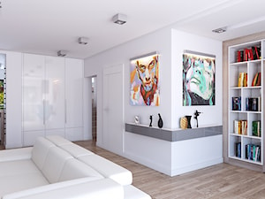 Jasny salon - Średni biały salon z jadalnią z bibiloteczką, styl nowoczesny - zdjęcie od APP TRENDY Autorska Pracownia Projektowa