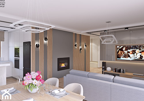SALONIK - Duży szary salon z kuchnią z jadalnią, styl skandynawski - zdjęcie od APP TRENDY Autorska Pracownia Projektowa