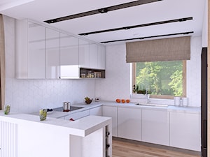SALONIK - Średnia otwarta z salonem biała z zabudowaną lodówką z podblatowym zlewozmywakiem kuchnia w kształcie litery u z oknem, styl skandynawski - zdjęcie od APP TRENDY Autorska Pracownia Projektowa