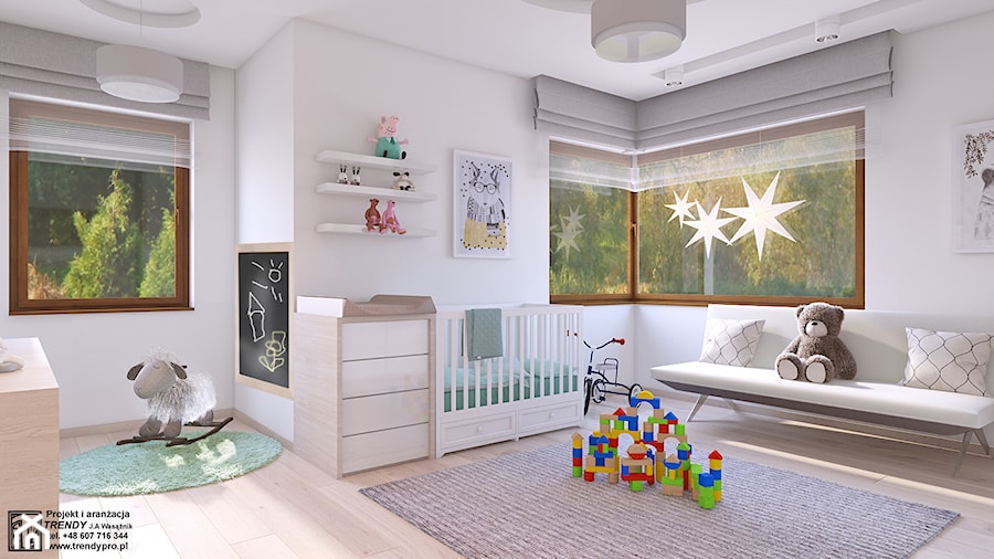 SPOKOJNY POKOJ MAŁEGO DZIECKA - Średni biały pokój dziecka dla niemowlaka dla chłopca dla dziewczynki, styl skandynawski - zdjęcie od APP TRENDY Autorska Pracownia Projektowa