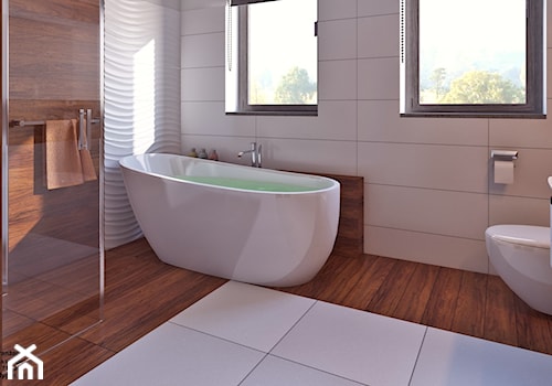 łazienka z drewnem - Duża łazienka z oknem, styl nowoczesny - zdjęcie od APP TRENDY Autorska Pracownia Projektowa