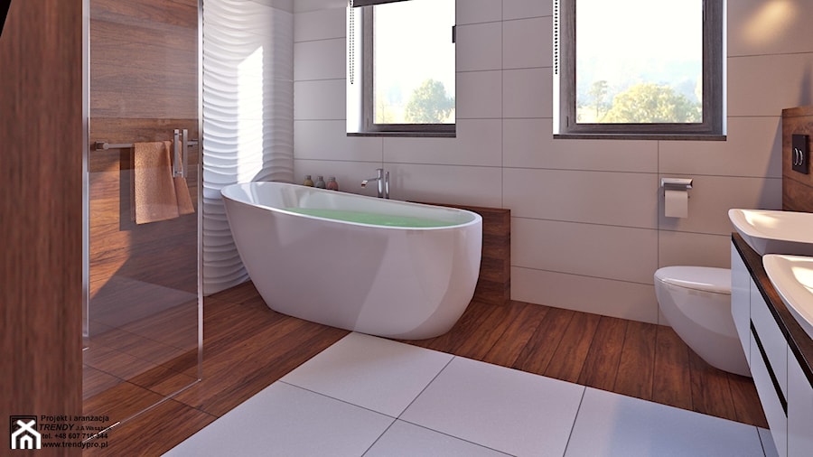 łazienka z drewnem - Duża łazienka z oknem, styl nowoczesny - zdjęcie od APP TRENDY Autorska Pracownia Projektowa