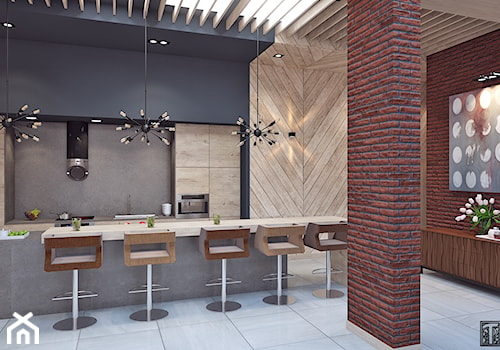 Wielki salon z kuchnią - Średnia otwarta z kamiennym blatem szara z zabudowaną lodówką z nablatowym zlewozmywakiem kuchnia jednorzędowa z wyspą lub półwyspem z kompozytem na ścianie nad blatem kuchennym, styl nowoczesny - zdjęcie od APP TRENDY Autorska Pracownia Projektowa