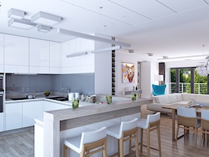 Jasny salon - Średnia otwarta biała z zabudowaną lodówką kuchnia w kształcie litery g z kompozytem na ścianie nad blatem kuchennym, styl nowoczesny - zdjęcie od APP TRENDY Autorska Pracownia Projektowa