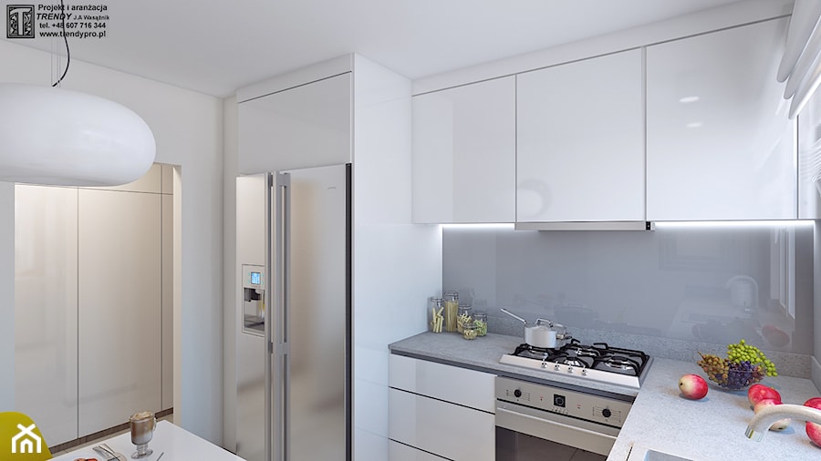 kuchnia 33 - Średnia otwarta zamknięta z zabudowaną lodówką z lodówką wolnostojącą kuchnia w kształcie litery u z oknem, styl minimalistyczny - zdjęcie od APP TRENDY Autorska Pracownia Projektowa