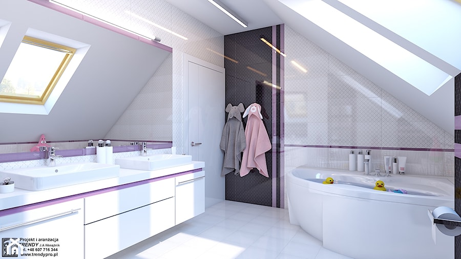 łazienka dziewczęca - Średnia na poddaszu z dwoma umywalkami łazienka z oknem, styl nowoczesny - zdjęcie od APP TRENDY Autorska Pracownia Projektowa