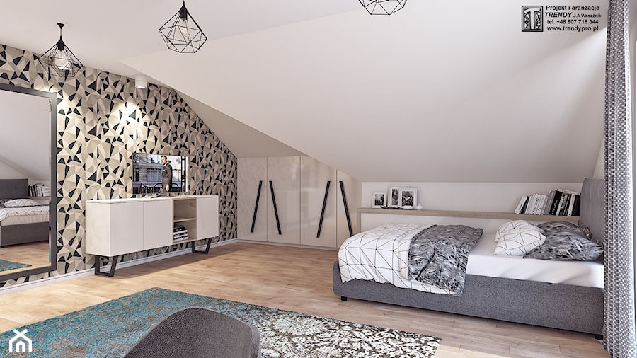 Pokój dla nastolatki - Duża biała sypialnia na poddaszu, styl industrialny - zdjęcie od APP TRENDY Autorska Pracownia Projektowa