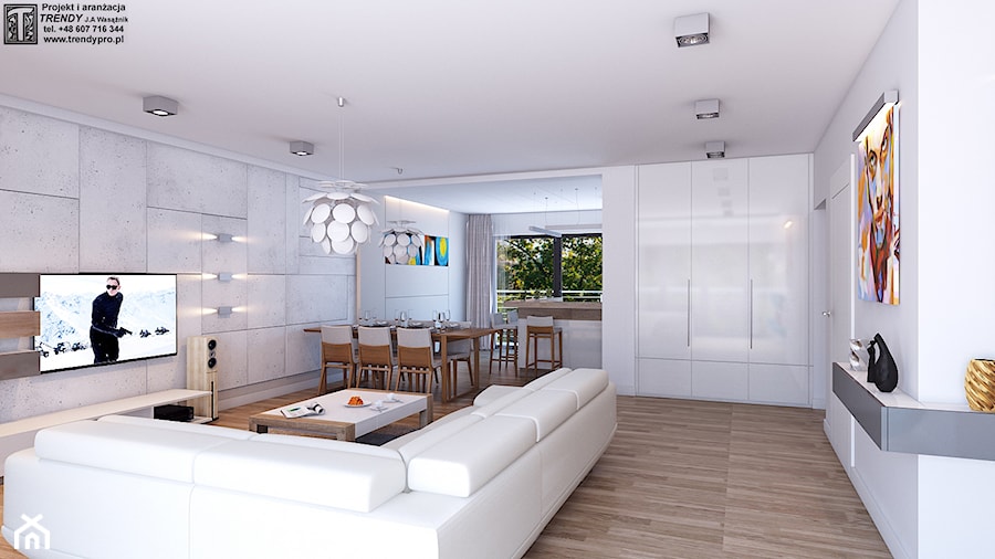 Jasny salon - Duży biały salon z kuchnią z jadalnią, styl nowoczesny - zdjęcie od APP TRENDY Autorska Pracownia Projektowa