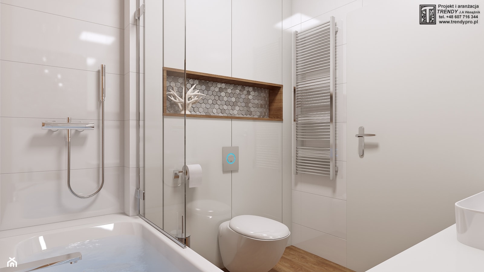 łazienka biała + drewno 11 - Mała bez okna łazienka, styl glamour - zdjęcie od APP TRENDY Autorska Pracownia Projektowa - Homebook
