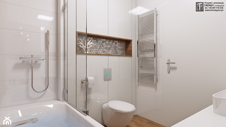 łazienka biała + drewno 11 - Mała bez okna łazienka, styl glamour - zdjęcie od APP TRENDY Autorska Pracownia Projektowa