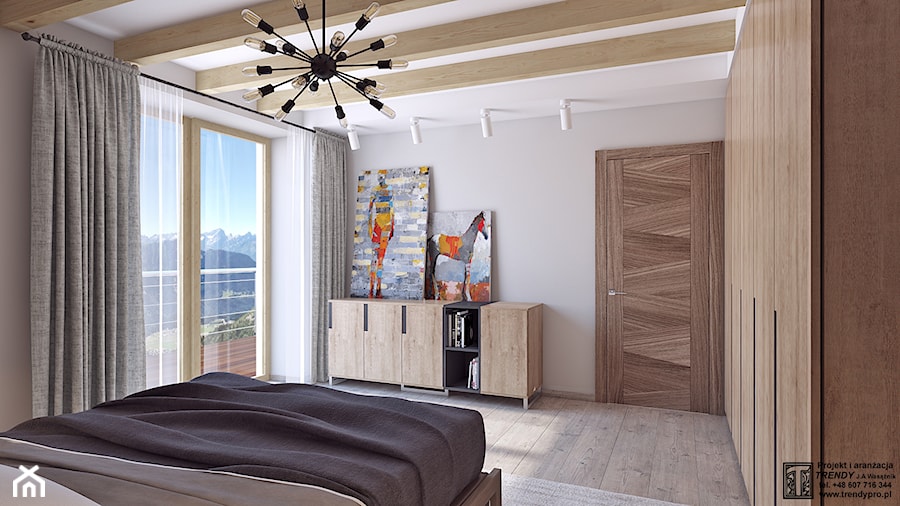 Sypialnia z betonem - Średnia biała szara sypialnia z balkonem / tarasem, styl nowoczesny - zdjęcie od APP TRENDY Autorska Pracownia Projektowa