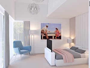 Spokojna sypialnia - Średnia beżowa biała sypialnia z balkonem / tarasem, styl skandynawski - zdjęcie od APP TRENDY Autorska Pracownia Projektowa