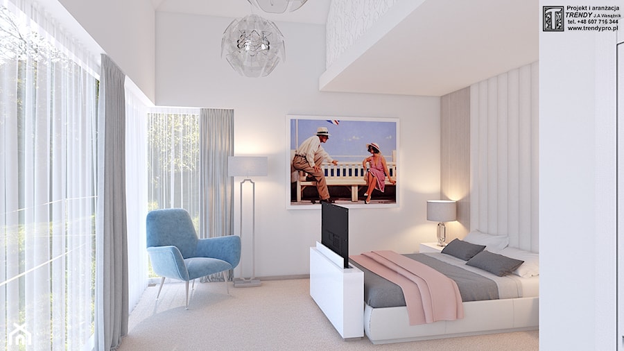Spokojna sypialnia - Średnia beżowa biała sypialnia z balkonem / tarasem, styl skandynawski - zdjęcie od APP TRENDY Autorska Pracownia Projektowa