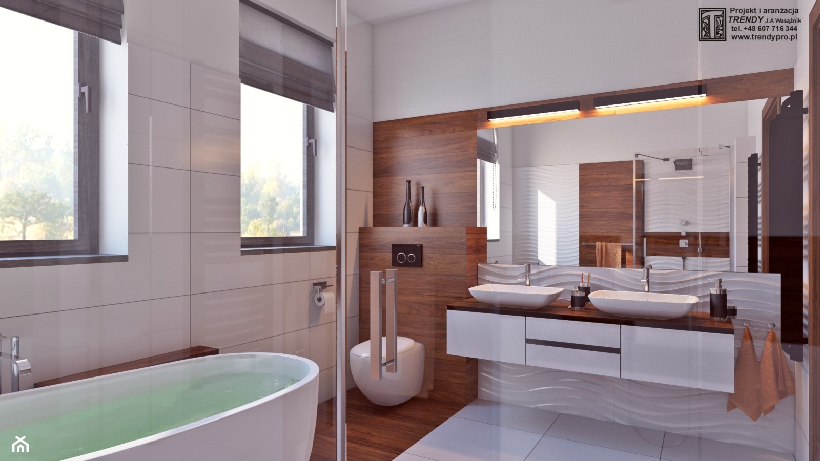 łazienka z drewnem - Średnia z dwoma umywalkami łazienka z oknem, styl nowoczesny - zdjęcie od APP TRENDY Autorska Pracownia Projektowa - Homebook