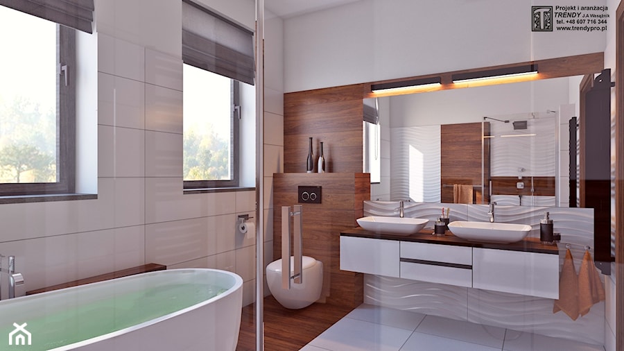 łazienka z drewnem - Średnia z dwoma umywalkami łazienka z oknem, styl nowoczesny - zdjęcie od APP TRENDY Autorska Pracownia Projektowa
