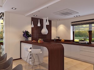 dom4 - Duża otwarta z salonem biała z zabudowaną lodówką kuchnia w kształcie litery u z oknem, styl nowoczesny - zdjęcie od APP TRENDY Autorska Pracownia Projektowa