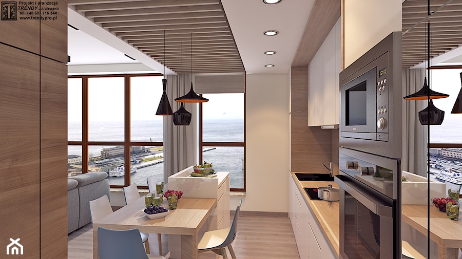 mieszkanie 3 - Średnia otwarta z salonem z zabudowaną lodówką kuchnia jednorzędowa z wyspą lub półwyspem z oknem - zdjęcie od APP TRENDY Autorska Pracownia Projektowa