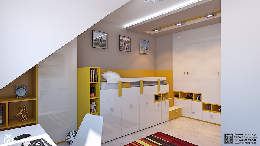 Średni szary żółty pokój dziecka dla nastolatka dla chłopca, styl nowoczesny - zdjęcie od APP TRENDY Autorska Pracownia Projektowa