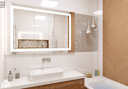 łazienka biała + drewno 11 - Mała bez okna z lustrem łazienka, styl glamour - zdjęcie od APP TRENDY Autorska Pracownia Projektowa