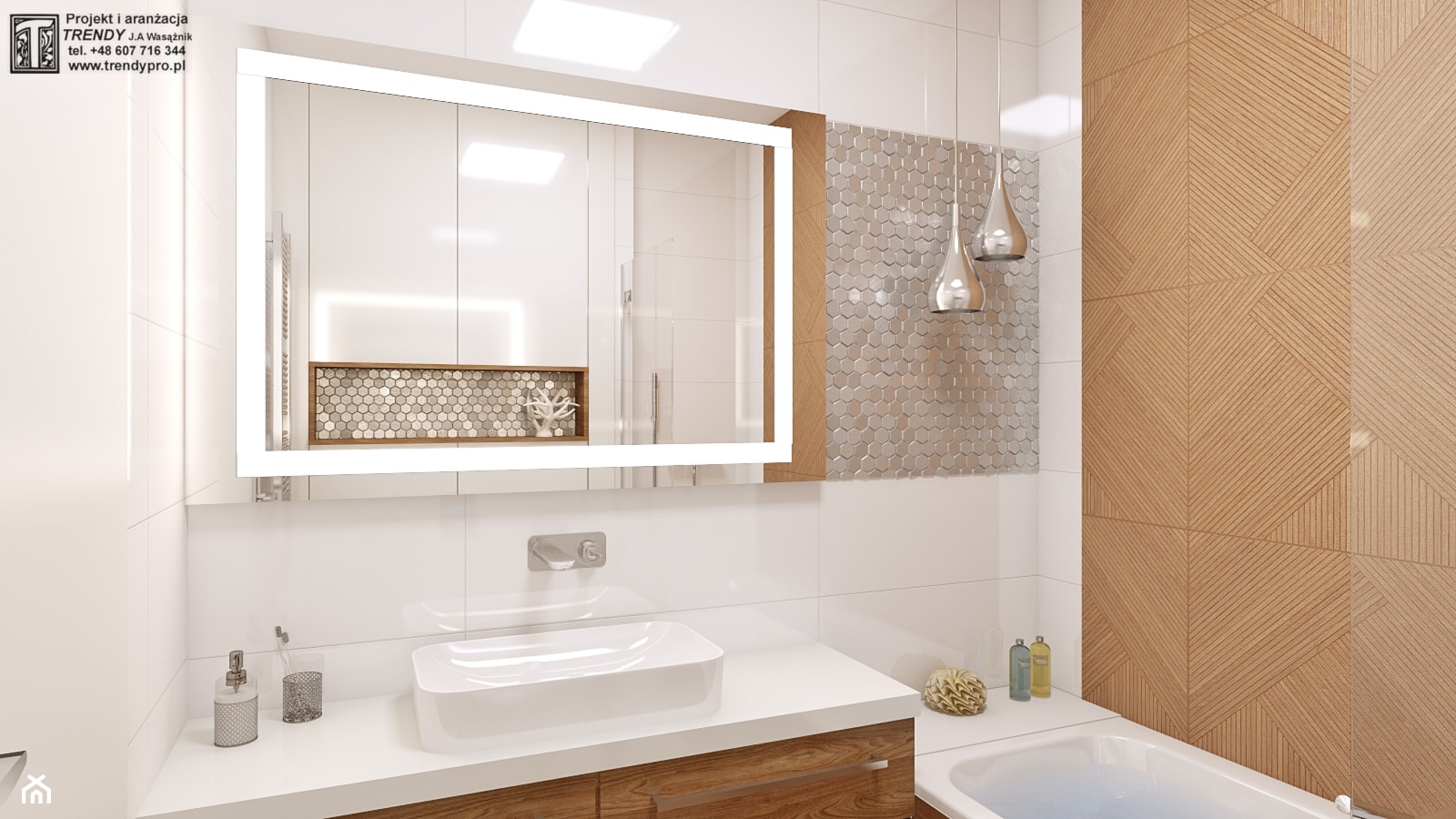 łazienka biała + drewno 11 - Mała bez okna z lustrem łazienka, styl glamour - zdjęcie od APP TRENDY Autorska Pracownia Projektowa - Homebook