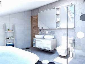 Łazienka dla dzieci pod skosem - Średnia na poddaszu z dwoma umywalkami łazienka z oknem, styl skandynawski - zdjęcie od APP TRENDY Autorska Pracownia Projektowa