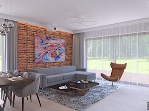 parter domu - Średni biały salon z jadalnią z tarasem / balkonem, styl skandynawski - zdjęcie od APP TRENDY Autorska Pracownia Projektowa