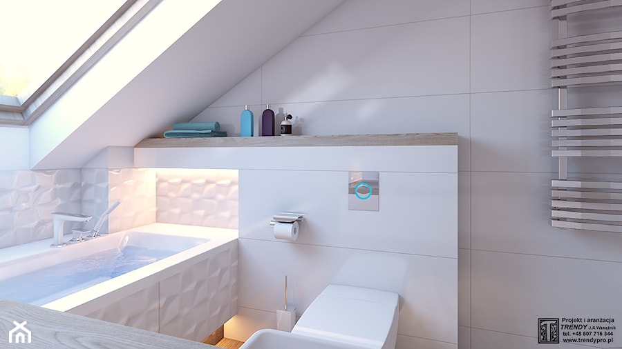 łazienka biała - Średnia na poddaszu łazienka z oknem, styl nowoczesny - zdjęcie od APP TRENDY Autorska Pracownia Projektowa