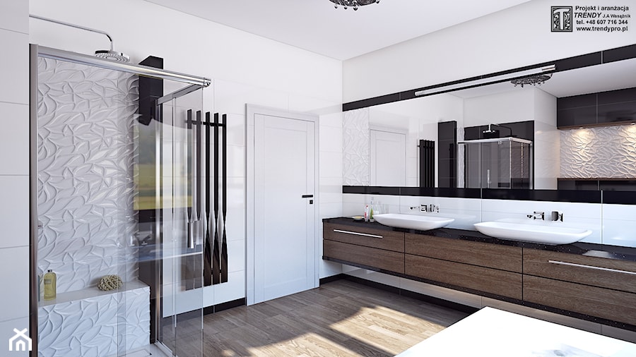 łazienka czerń-biel - Średnia bez okna z lustrem z dwoma umywalkami łazienka, styl glamour - zdjęcie od APP TRENDY Autorska Pracownia Projektowa