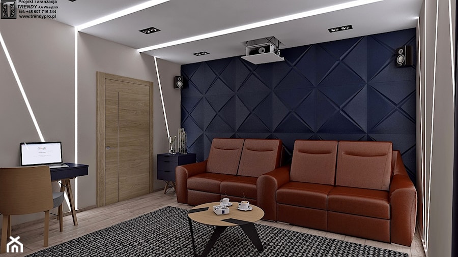 pokój kinowy - Średnie w osobnym pomieszczeniu z sofą niebieskie szare biuro, styl nowoczesny - zdjęcie od APP TRENDY Autorska Pracownia Projektowa