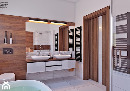 łazienka z drewnem - Mała średnia z dwoma umywalkami łazienka, styl nowoczesny - zdjęcie od APP TRENDY Autorska Pracownia Projektowa