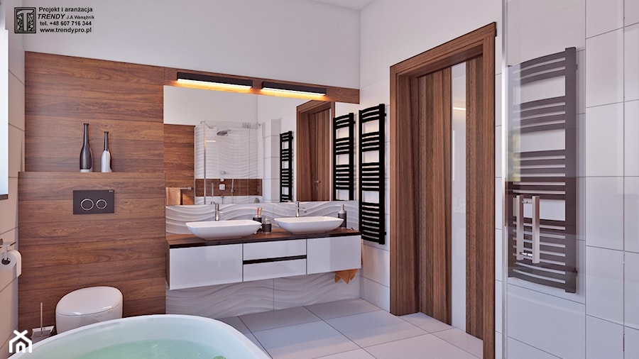 łazienka z drewnem - Mała średnia z dwoma umywalkami łazienka, styl nowoczesny - zdjęcie od APP TRENDY Autorska Pracownia Projektowa