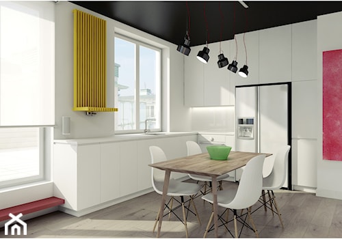 Salon październik - Mały biały salon z kuchnią z jadalnią, styl minimalistyczny - zdjęcie od 2k-architektura