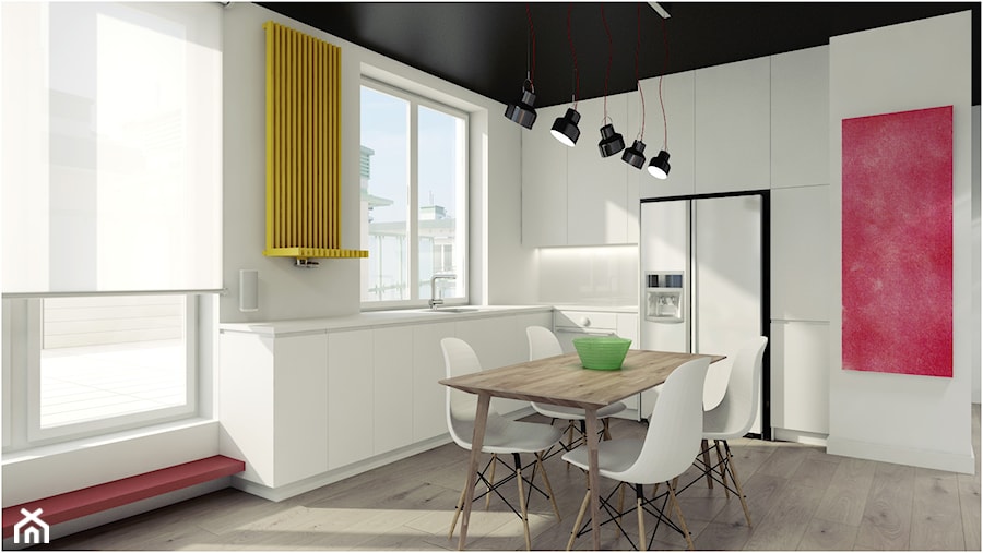 Salon październik - Mały biały salon z kuchnią z jadalnią, styl minimalistyczny - zdjęcie od 2k-architektura