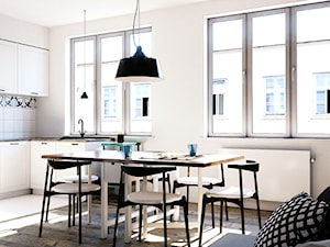 Średnia szara jadalnia w salonie w kuchni, styl skandynawski - zdjęcie od KOBE STUDIO