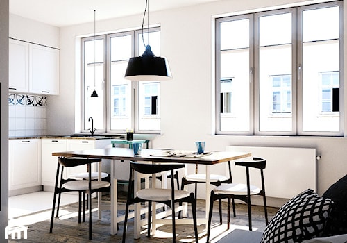 Średnia szara jadalnia w salonie w kuchni, styl skandynawski - zdjęcie od KOBE STUDIO