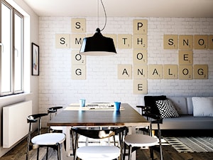Średni biały salon z jadalnią, styl skandynawski - zdjęcie od KOBE STUDIO