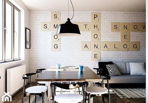 Średni biały salon z jadalnią, styl skandynawski - zdjęcie od KOBE STUDIO