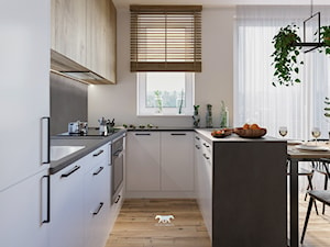 M53 - Mała otwarta z kamiennym blatem biała czarna z zabudowaną lodówką z okapem z podblatowym zlewozmywakiem kuchnia w kształcie litery u z oknem, styl nowoczesny - zdjęcie od BLUETARPAN