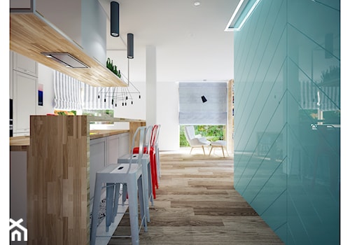 Dom 160 - Duża otwarta biała niebieska z zabudowaną lodówką kuchnia dwurzędowa, styl prowansalski - zdjęcie od BLUETARPAN