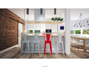 Dom 160 - Średnia otwarta z kamiennym blatem biała z zabudowaną lodówką z nablatowym zlewozmywakiem kuchnia dwurzędowa z oknem, styl prowansalski - zdjęcie od BLUETARPAN