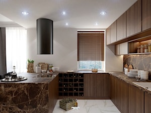 M90 - Średnia otwarta z salonem biała szara z zabudowaną lodówką z nablatowym zlewozmywakiem kuchnia w kształcie litery u z oknem z marmurem nad blatem kuchennym z marmurową podłogą, styl nowoczesny - zdjęcie od BLUETARPAN