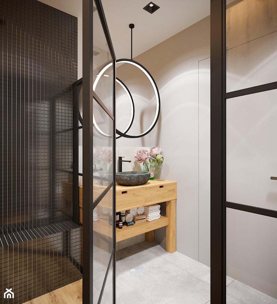 M83 - Mała z lustrem z drewnianym blatem z czarną armaturą łazienka, styl nowoczesny - zdjęcie od BLUETARPAN