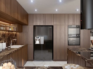 M90 - Średnia otwarta czarna z zabudowaną lodówką z nablatowym zlewozmywakiem kuchnia w kształcie litery g z marmurem nad blatem kuchennym z marmurową podłogą, styl nowoczesny - zdjęcie od BLUETARPAN