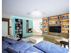 Dom 160 - Duży beżowy niebieski salon z bibiloteczką, styl prowansalski - zdjęcie od BLUETARPAN