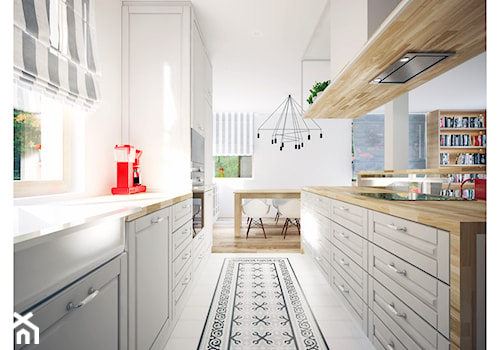 Dom 160 - Duża otwarta z salonem biała z zabudowaną lodówką z lodówką wolnostojącą kuchnia dwurzędowa z wyspą lub półwyspem z oknem, styl prowansalski - zdjęcie od BLUETARPAN