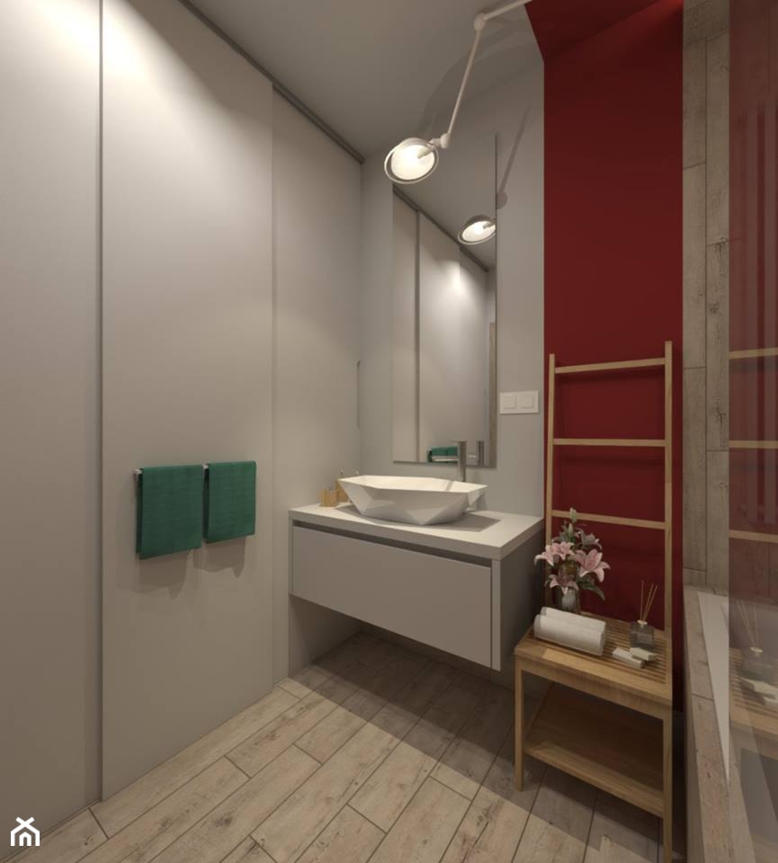 I wtedy stało się czerwone - Średnia bez okna z lustrem łazienka, styl nowoczesny - zdjęcie od ARCHITEKSTURA Malwina Kroll architekt