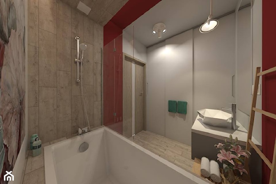 I wtedy stało się czerwone - Średnia bez okna z lustrem z punktowym oświetleniem łazienka, styl nowoczesny - zdjęcie od ARCHITEKSTURA Malwina Kroll architekt